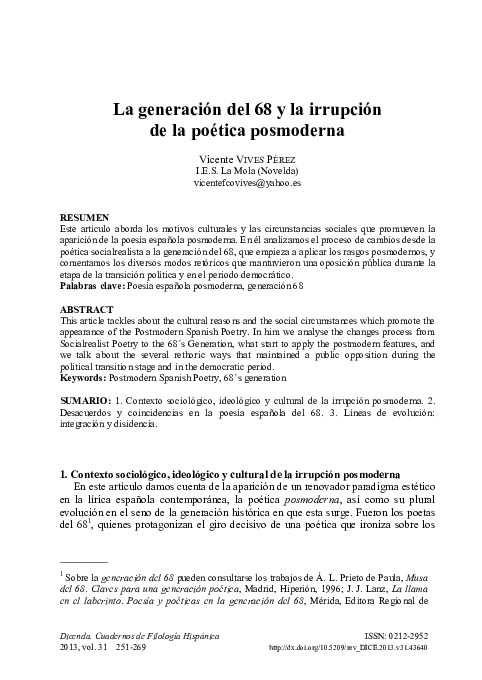 (PDF) La generación del 68 y la irrupción de la poética posmoderna