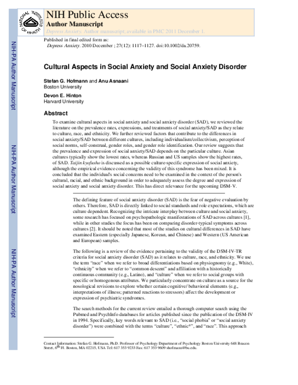 (PDF) Cultural aspects in social anxiety and social anxiety disorder