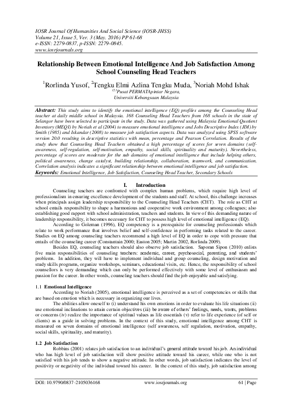 (PDF) Relationship Between Emotional Intelligence And Job Satisfaction ...