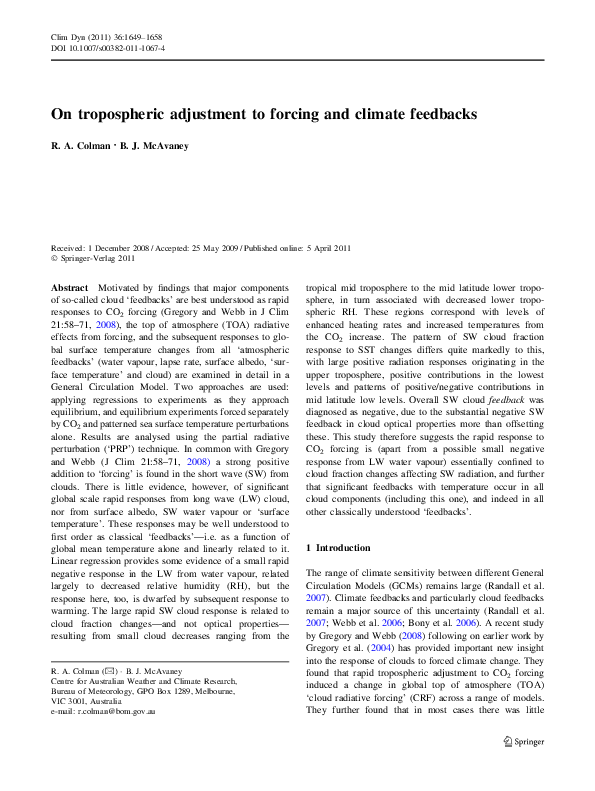 (PDF) On tropospheric adjustment to forcing and climate feedbacks