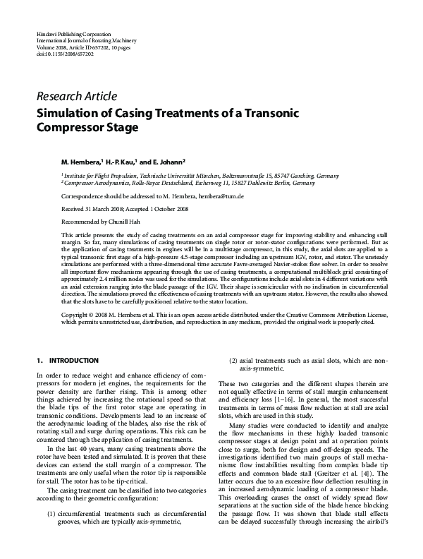 (PDF) Simulation of Casing Treatments of a Transonic Compressor Stage