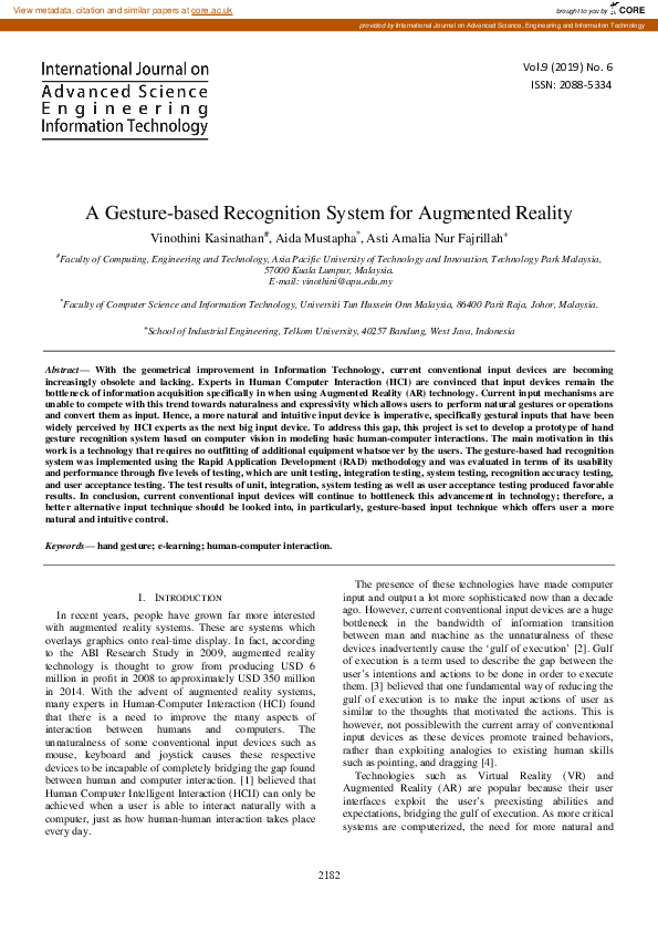 (PDF) A Gesture-based Recognition System for Augmented Reality