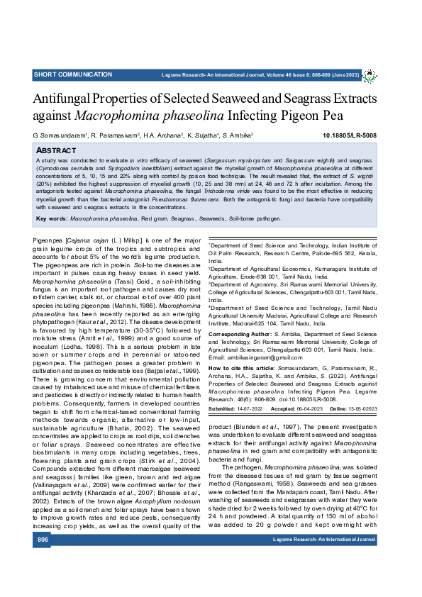 (PDF) Antifungal Properties of Selected Seaweed and Seagrass Extracts against Macrophomina
