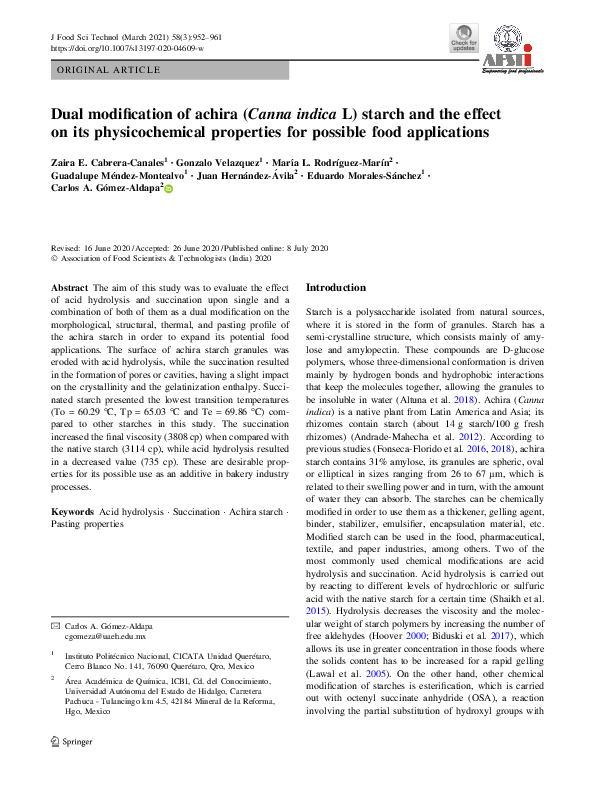 (PDF) Dual modification of achira (Canna indica L) starch and the ...