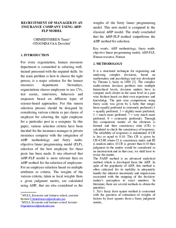(DOC) RECRUITMENT OF MANAGER IN AN INSURANCE COMPANY USING AHP-FLP MODEL