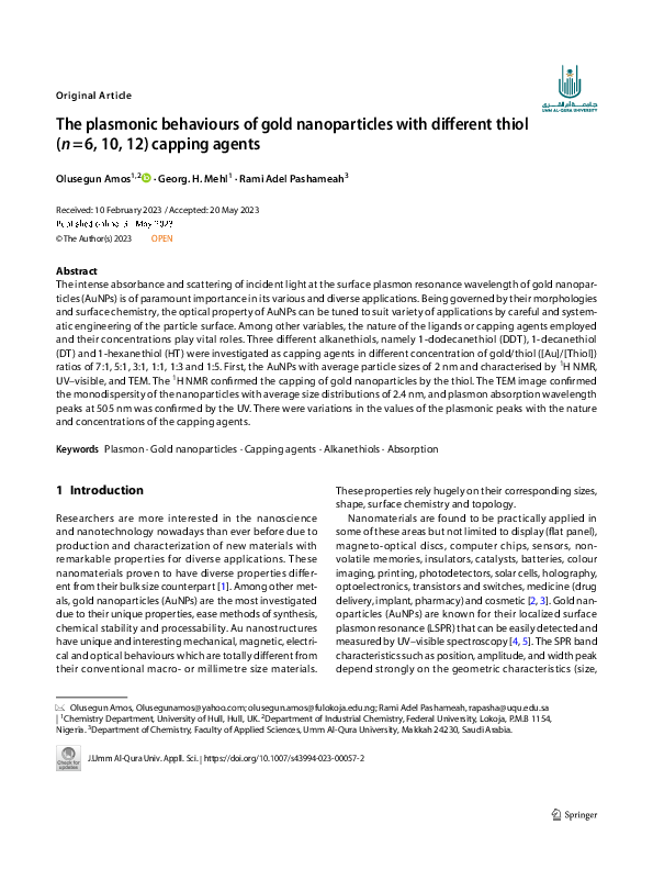 (PDF) The plasmonic behaviours of gold nanoparticles with different ...