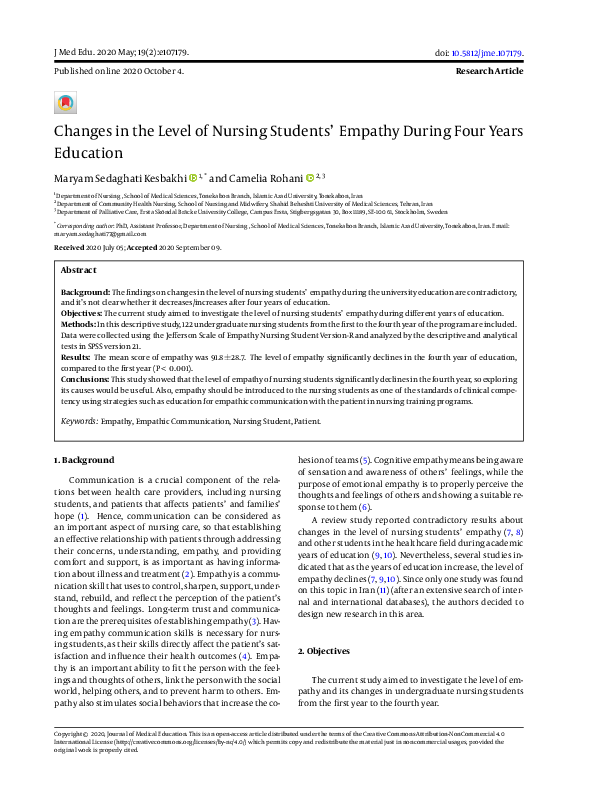 (PDF) Changes in the Level of Nursing Students' Empathy During Four ...