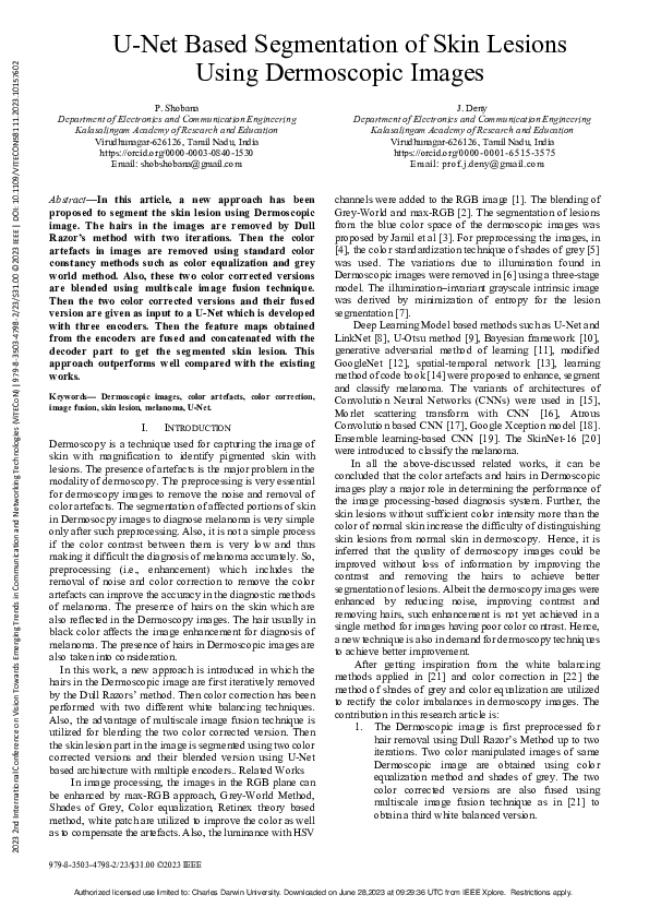 (PDF) U-Net Based Segmentation of Skin Lesions Using Dermoscopic Images