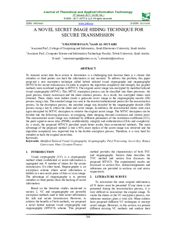 (PDF) A Novel Secret Image Hiding Technique for Secure Transmission 1
