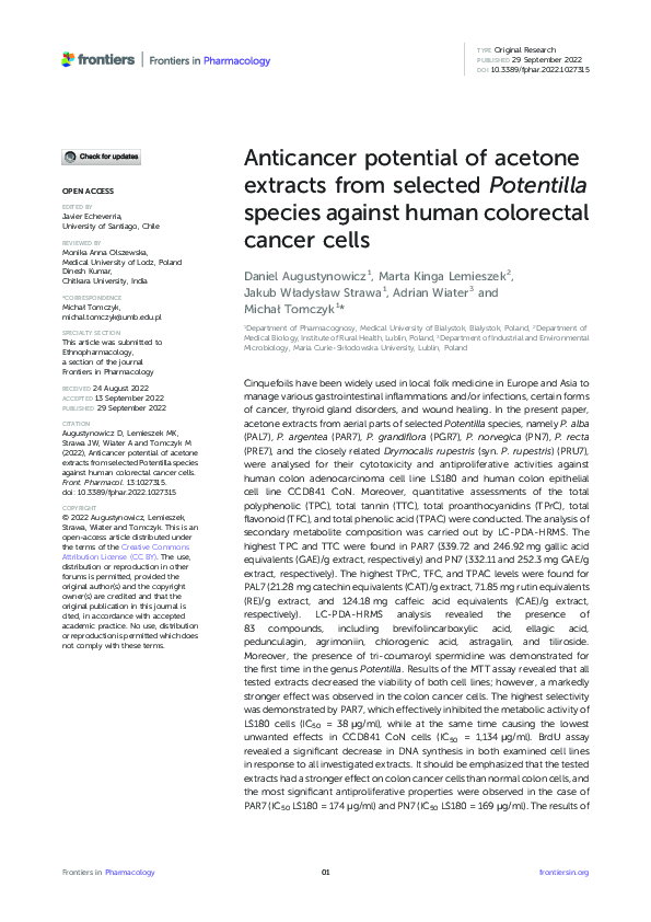 (PDF) Anticancer potential of acetone extracts from selected Potentilla ...