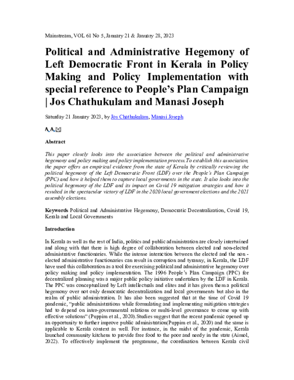 (PDF) Political and Administrative Hegemony of Left Democratic Front in