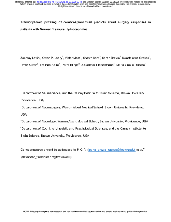 (PDF) Transcriptomic profiling of cerebrospinal fluid predicts shunt ...