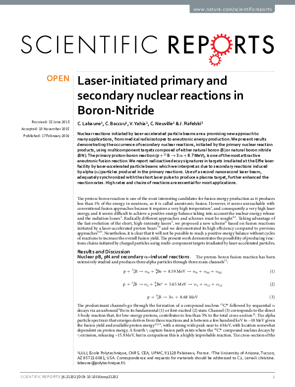 (PDF) Laser-initiated primary and secondary nuclear reactions in Boron ...
