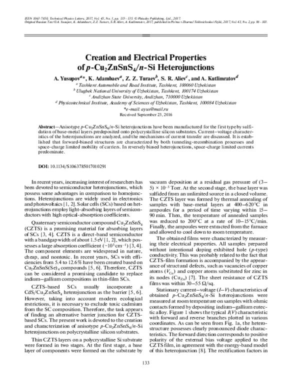 (PDF) Creation and electrical properties of p-Cu2ZnSnS4/n-Si ...