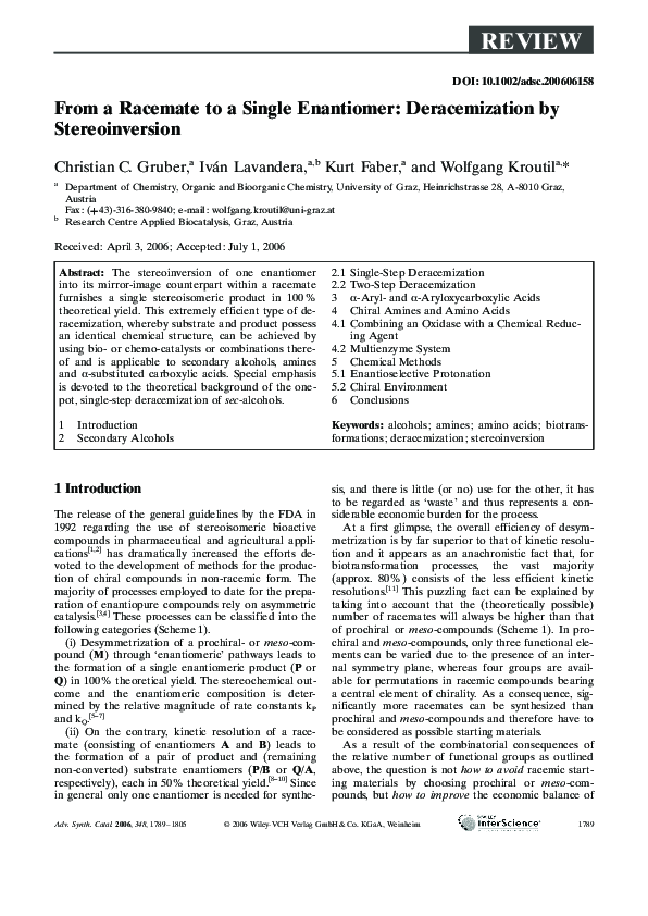 (PDF) From a Racemate to a Single Enantiomer: Deracemization by ...