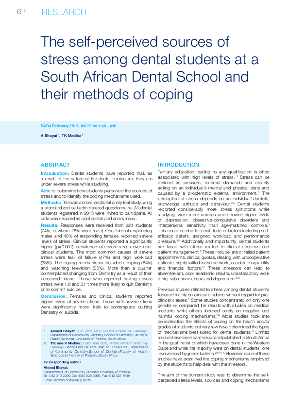 (PDF) The self-perceived sources of stress among dental students at a ...