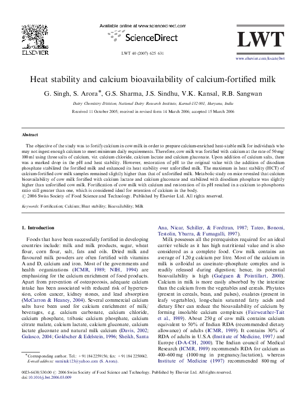(PDF) Heat stability and calcium bioavailability of calcium-fortified milk