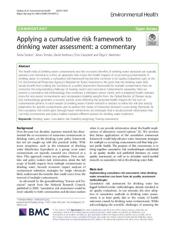 (PDF) Applying a cumulative risk framework to drinking water assessment ...