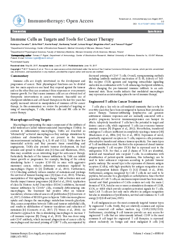 (PDF) Immune Cells As Targets and Tools For Cancer Therapy