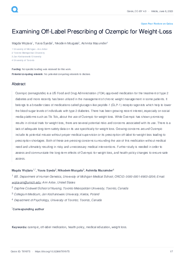 PDF) Examining Off-Label Prescribing of Ozempic for Weight-Loss