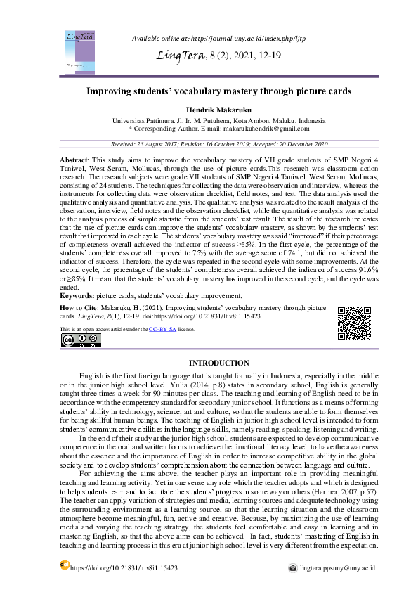 (PDF) Improving Students’ Vocabulary Mastery through Taboo Game (A ...