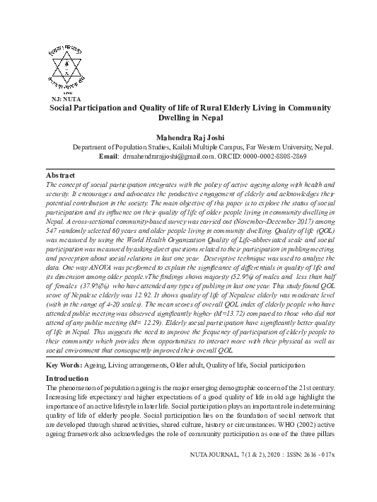 (PDF) Social Participation and Quality of life of Rural Elderly Living ...