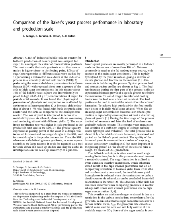 (PDF) Comparison of the Baker's yeast process performance in laboratory
