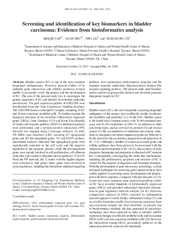 (PDF) Screening and identification of key biomarkers in bladder ...