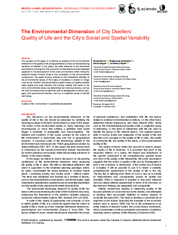 (PDF) The Environmental Dimension of City Dwellers’ Quality of Life and ...