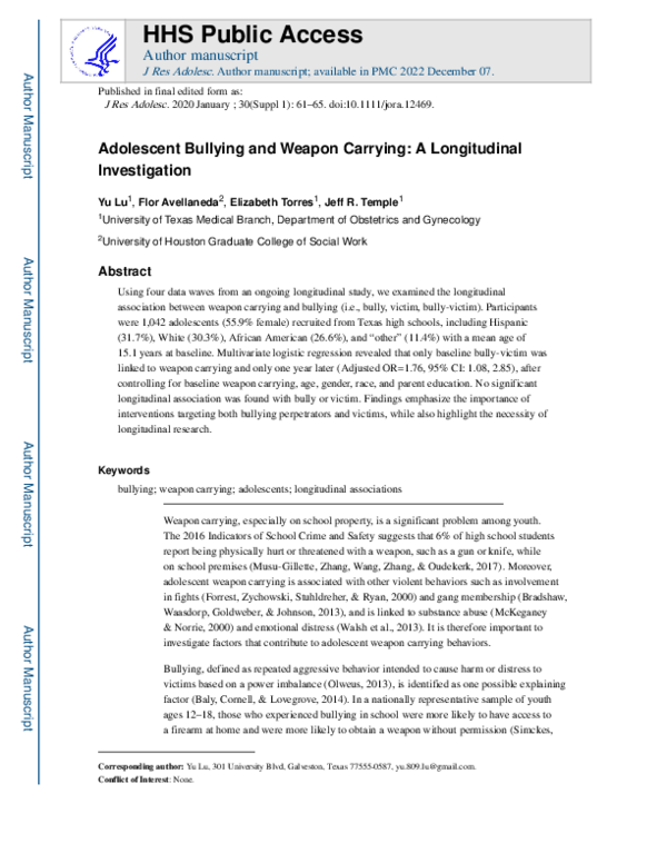 (PDF) Adolescent Bullying and Weapon Carrying: A Longitudinal Investigation