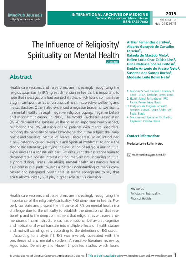 (PDF) The influence of religiosity / spirituality on mental health