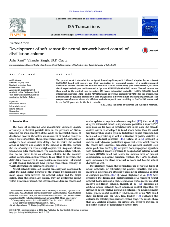 (PDF) Development of soft sensor for neural network based control of ...