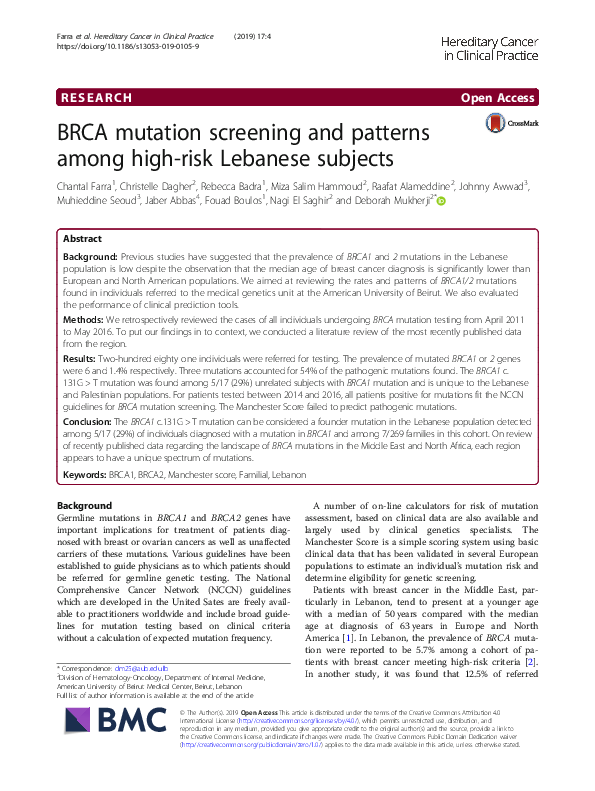 (PDF) BRCA mutation screening and patterns among high-risk Lebanese ...