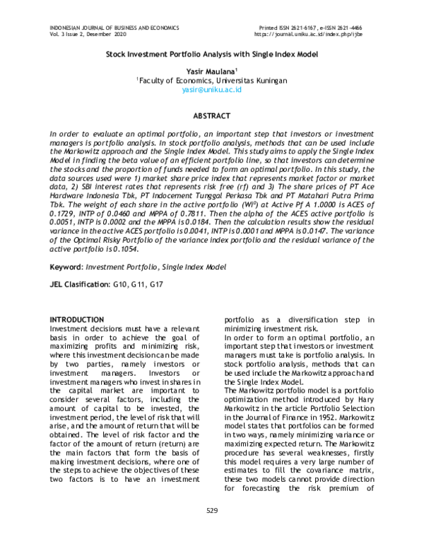 (PDF) Stock Investment Portfolio Analysis with Single Index Model