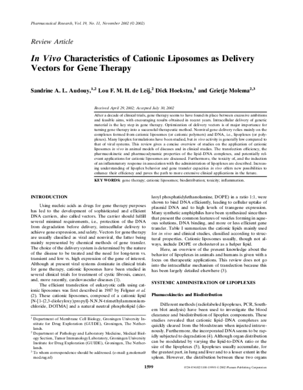 (PDF) In Vivo Characteristics of Cationic Liposomes as Delivery Vectors ...