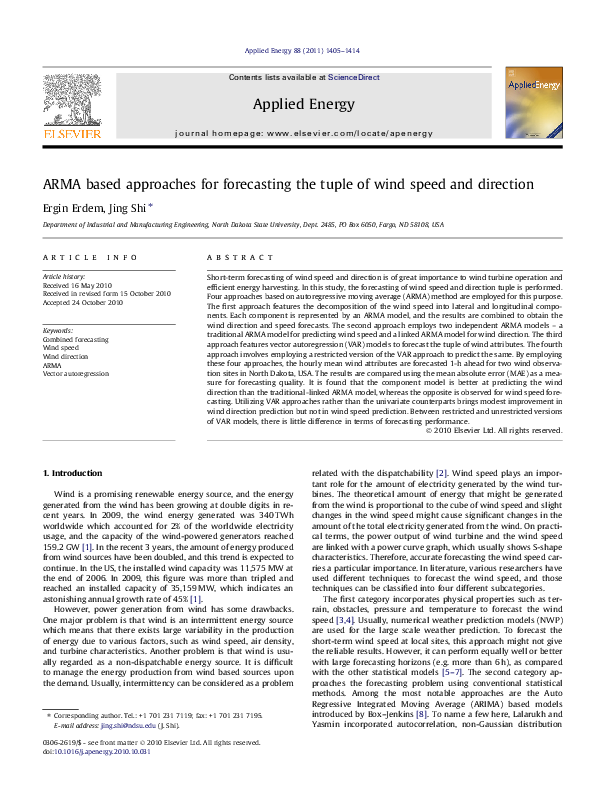 (PDF) ARMA based approaches for forecasting the tuple of wind speed and ...