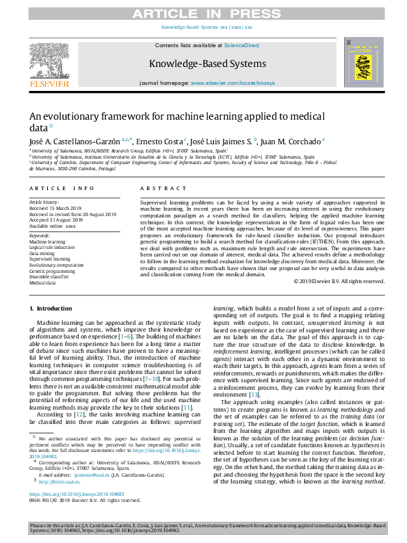 (PDF) An evolutionary framework for machine learning applied to medical ...