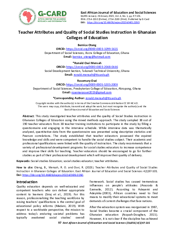 (PDF) Teacher Attributes and Quality of Social Studies Instruction in ...