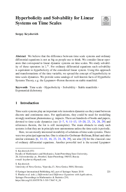 (PDF) Hyperbolicity and Solvability for Linear Systems on Time Scales