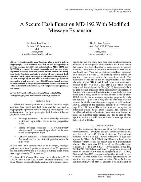 (PDF) A Secure Hash Function MD192 With Modified Message Expansion