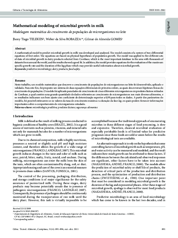 (PDF) Mathematical modeling of microbial growth in milk