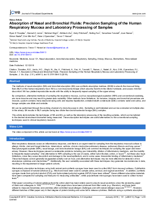 (PDF) Absorption of Nasal and Bronchial Fluids: Precision Sampling of ...