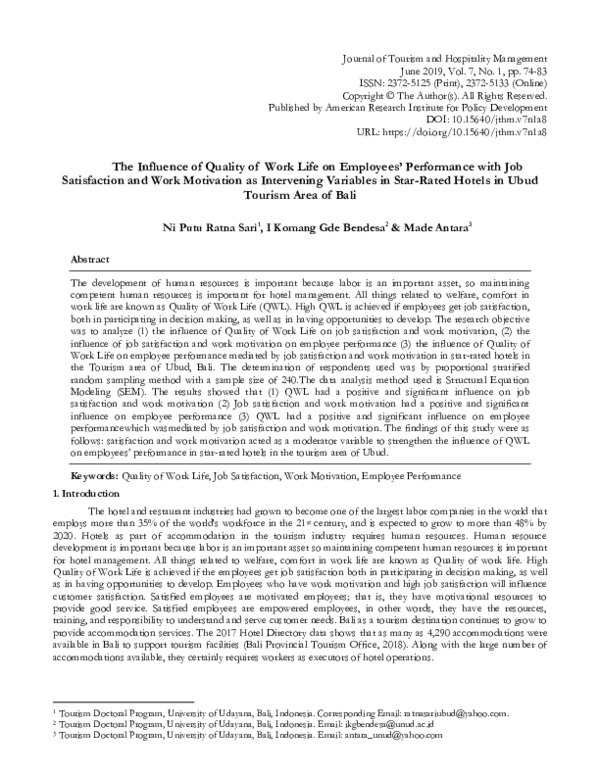 (PDF) The Influence of Quality of Work Life on Employees’ Performance ...