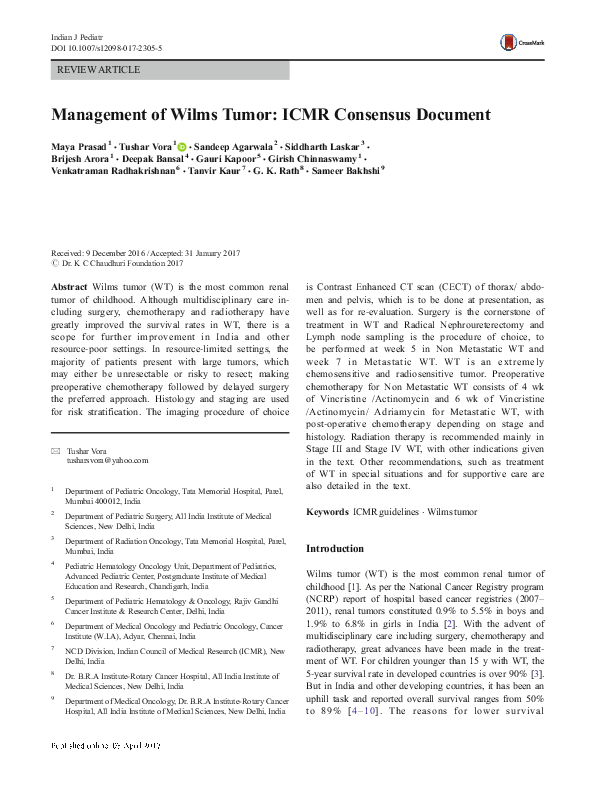 (PDF) Management of Wilms Tumor: ICMR Consensus Document