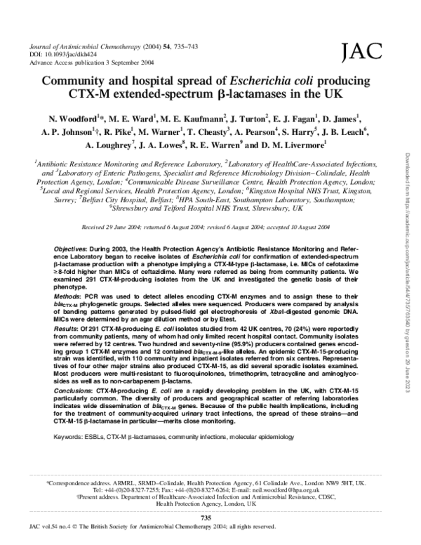 (PDF) Community and hospital spread of Escherichia coli producing CTX-M ...