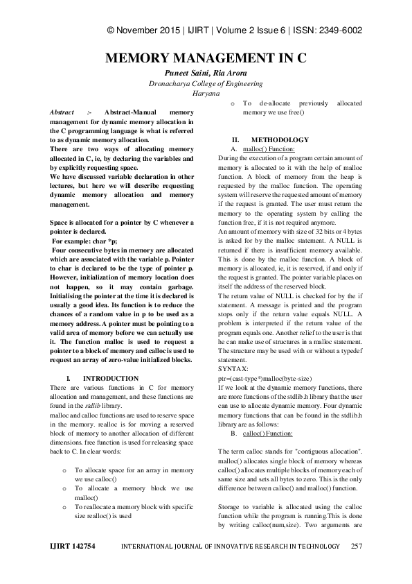 (PDF) Memory Management in C