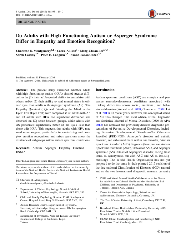 (PDF) Do Adults with High Functioning Autism or Asperger Syndrome ...