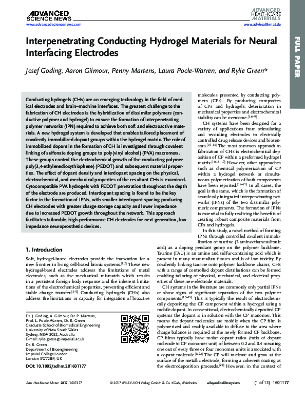 (PDF) Interpenetrating Conducting Hydrogel Materials for Neural ...