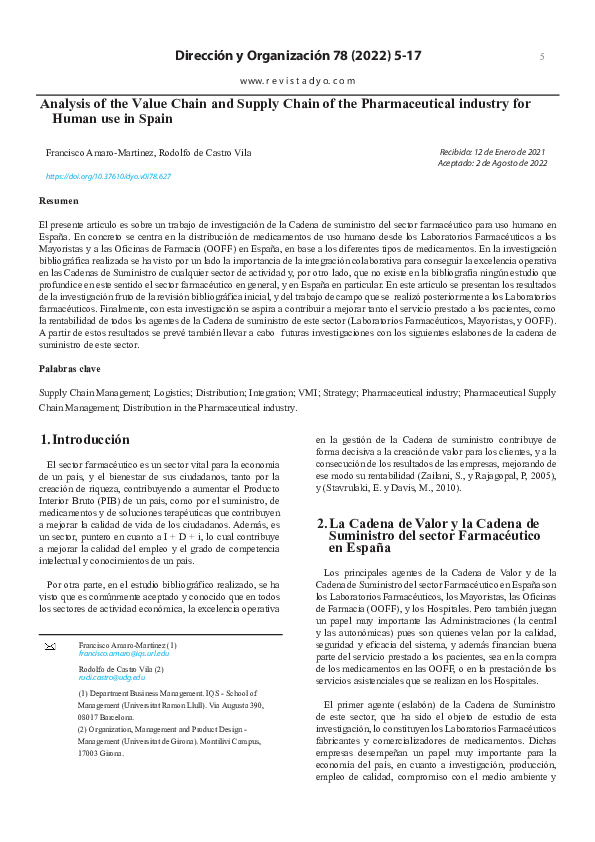 Analysis of the Value Chain and Supply Chain of the Pharmaceutical industry for Human use in Spain