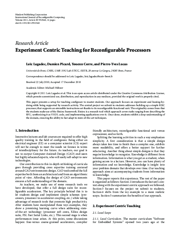(PDF) Experiment Centric Teaching for Reconfigurable Processors